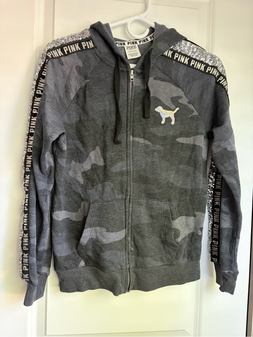 PINK Victoria's Secret Charcoal Camo Zip-Up Hoodie with Silver Sequin Trim